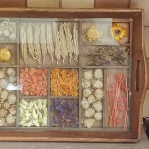 Serving tray with dried flowers, used, wood and glass