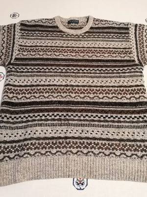 Navy & Green men's brown jacquard sweater used, size S/M
