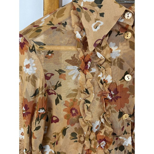 Vintage sheer shirt with floral design and ruffle, like new, brown