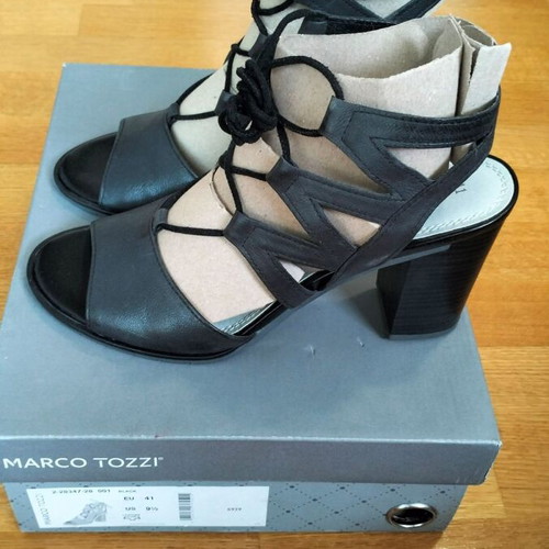 Marco Tozzi women's leather sandals size 41 black with thick 9cm heel unused