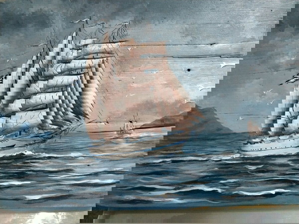 παραδοσιακή Θαλασσογραφία Καραβι ιστιοφόρο στο Αιγαίο 49x32cm ακριλικό σε ξύλο