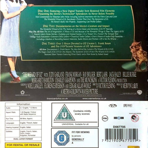 The Wizard of Oz DVD fantasy movie used, 3 disc set, English subtitles
