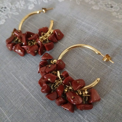 Hoop earrings gold plated like new with red jasper stones