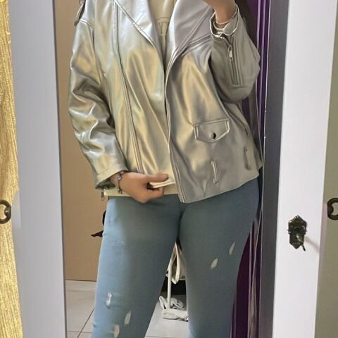 Silver faux leather jacket new with belt and tabs