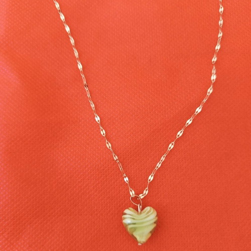 Handmade necklace with green glass heart and steel chain