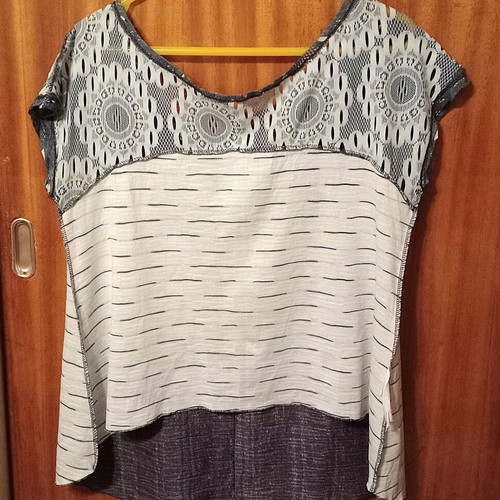 Be You sleeveless top with V-neck lace, like new, blue and gray, M-L