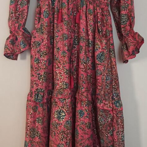 Pink coral dress with multicolor paisley and gold print, Large