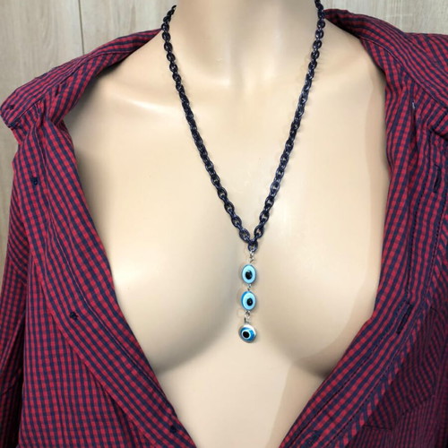 Chunky Dark Blue Evil Eye Chain Necklace new, Y2K alternative jewelry
