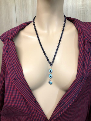 Chunky Dark Blue Evil Eye Chain Necklace new, Y2K alternative jewelry