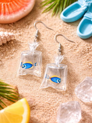 Earrings “Fish in a Bag” new, white and blue