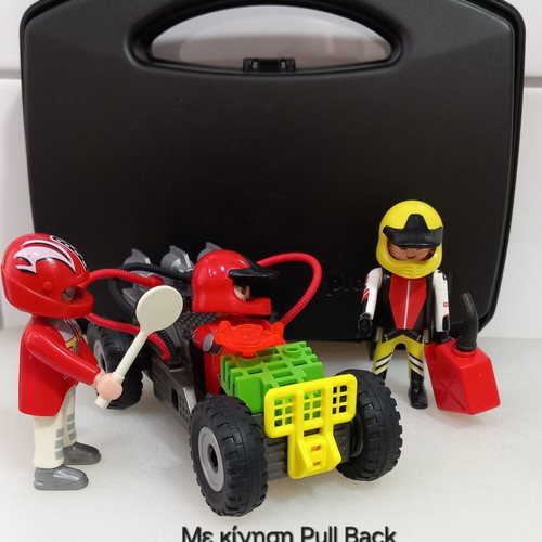 Playmobil car with pull back motion and 3 figures used