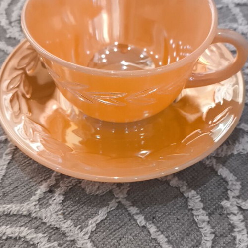 Anchor Hocking Fire King vintage tea cup and saucer set peach lustre