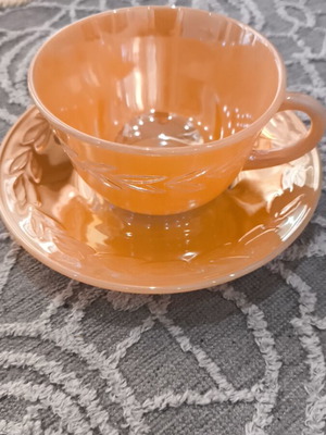 Anchor Hocking Fire King vintage tea cup and saucer set peach lustre