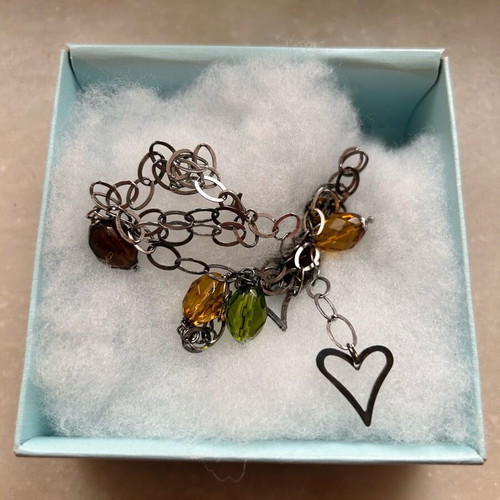Sterling silver chain necklace with multicolour beads and heart charms like new