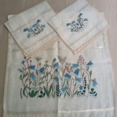 Handmade table linen set hand-painted with blue-ciel flowers like new