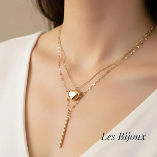 Necklace Stainless Steel Double Chain Gold Heart Design New