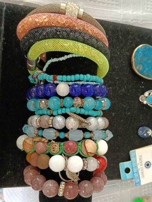 Set of 20 colorful jewelry pieces: 14 bracelets, 2 necklaces, 2 rings, 1 earring, 1 pendant