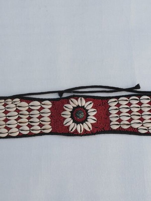 Vintage belt with cowrie shells adjustable, red, boho ethnic