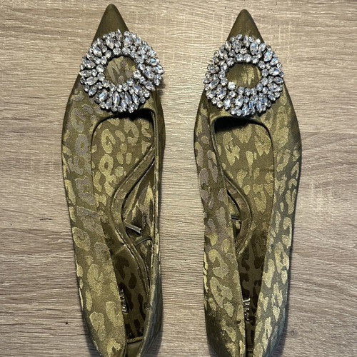 Zara green ballet flats used with sparkly cheetah print detail