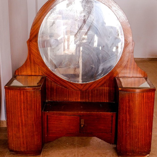 Dressing table with mirror used, pine wood with walnut veneer