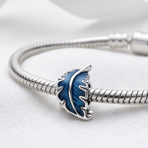 Pandora Feather Charm with Blue Enamel new