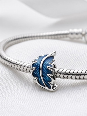 Pandora Feather Charm with Blue Enamel new