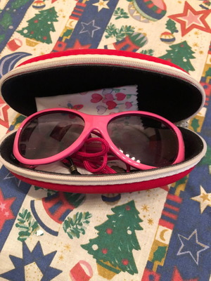 Elloptron branded children's sunglasses like new with elastic frame, case, cloth, and cord