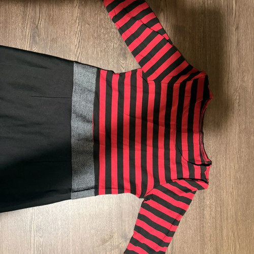 Red and black striped midi dress with grey waistband