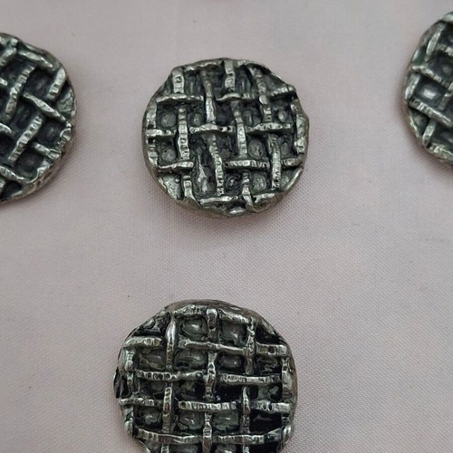 7 metal clothing buttons dark silver woven basket design