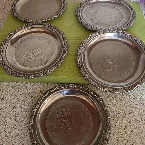 Silver vintage coaster set used, 5 pieces with Cyprus map engraving