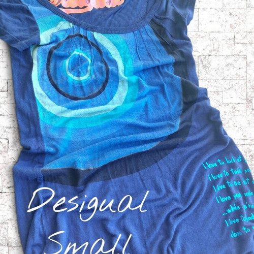 Desigual vintage stretch blouse with turquoise circle print, size small