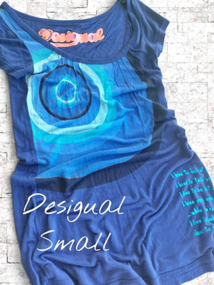 Desigual vintage stretch blouse with turquoise circle print, size small