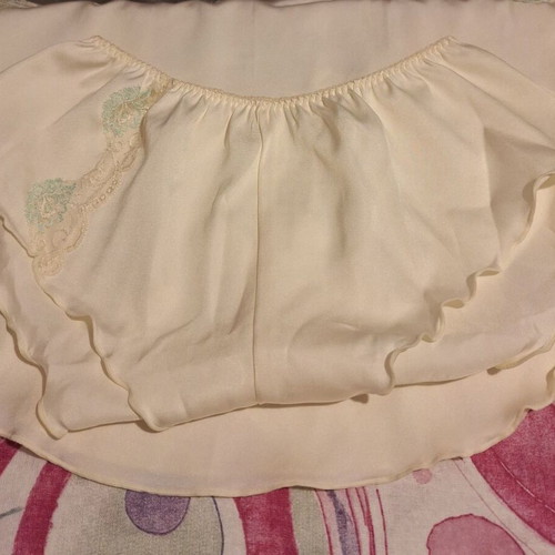 Retro baby doll with delicate lace and embroidered floral details, cream satin, size L, like new