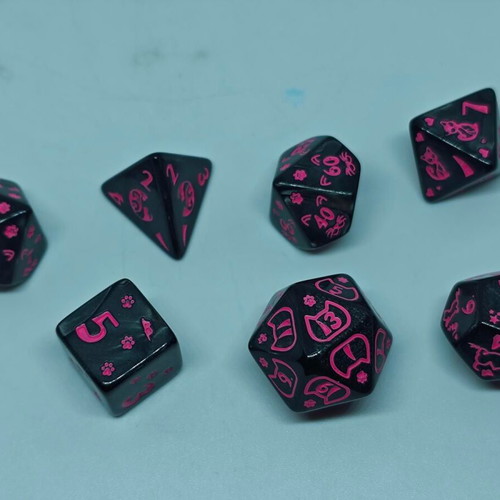 RPG Cat Lovers dice set like new, black and neon pink