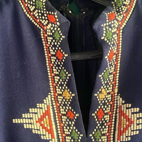 Traditional wool woven dress used, handmade embroidery, blue, size XXL