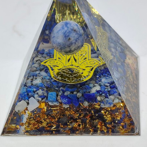 Orgonite pyramid with Lapis Lazuli, Sodalite and Hamsa hand like new