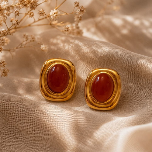 Vintage gold earrings with oval red ceramic stone like new