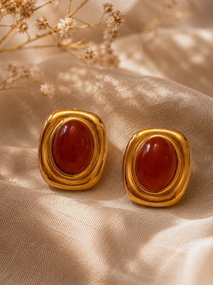 Vintage gold earrings with oval red ceramic stone like new