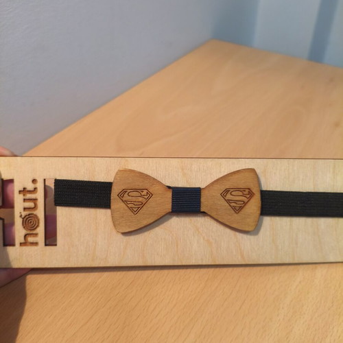 Wooden Superman Bow Tie new with fabric detail and elastic strap