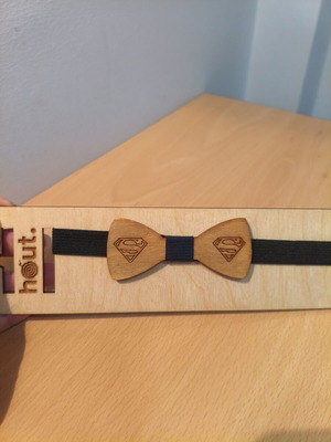 Wooden Superman Bow Tie new with fabric detail and elastic strap