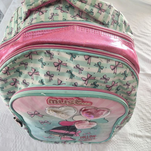 Must Follow Your Dream school backpack, turquoise and pink