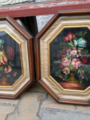 Pair of painted paintings with frames and glass like new