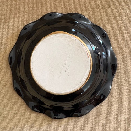 Ceramic decorative bowl 15 cm diameter used, black with floral details