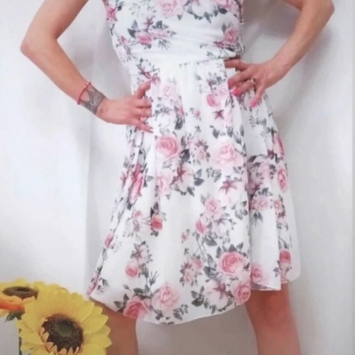 Floral dress new, adjustable straps, wrap cut, elastic under bust, white and pink