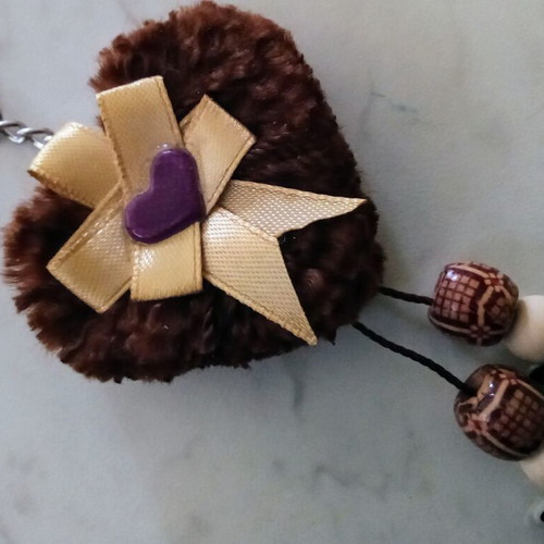 Handmade Valentine's keychain new, brown and beige heart with beads and butterflies