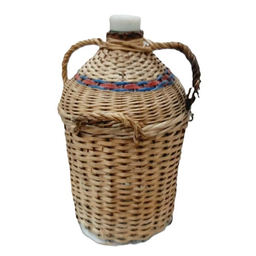 Large vintage glass demijohn with wicker cover, 30 liters, used