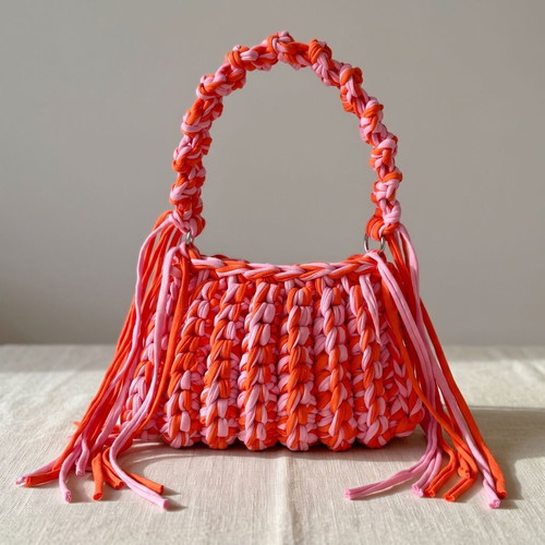 Handmade Crochet Fringe Bag new, pink and orange t-shirt yarn handbag