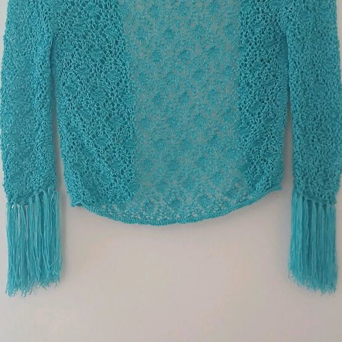 Morgan knitted short cardigan with fringes like new, turquoise