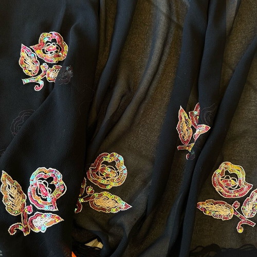 Scarf new black with embroidered details and fringes