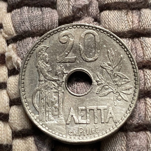 Greek 20 Lepta Coin 1912 used, nickel with hole